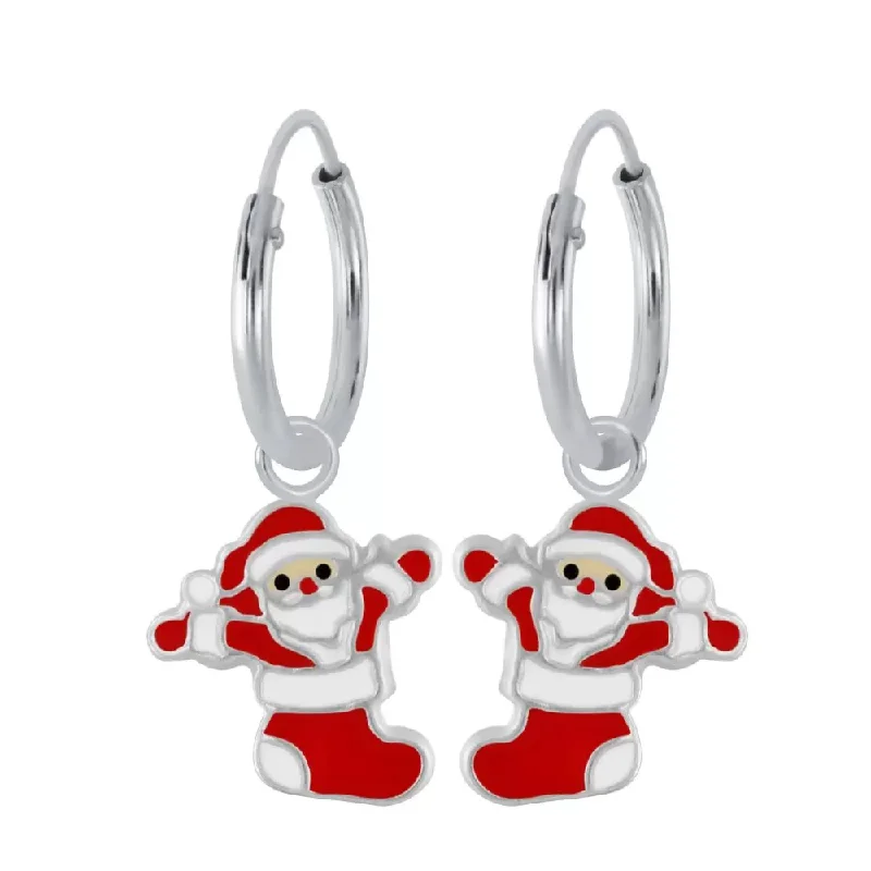 Hoop earrings with intricate designs for a unique and artistic appearance-Children's Sterling Silver Christmas 'Santa in Stocking' Hoop Earrings