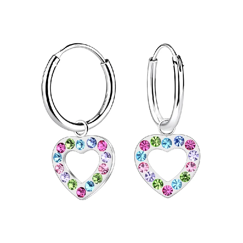 Hoop earrings with spiral designs for a dynamic and fluid look-Children's Sterling Silver 'Multicolored Diamante Crystal Open Heart' Hoop Earrings