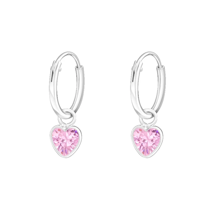 Best hoop earrings with textured silver for a rustic and organic finish-Children's Sterling Silver 'Pink Crystal Heart' Hoop Earrings