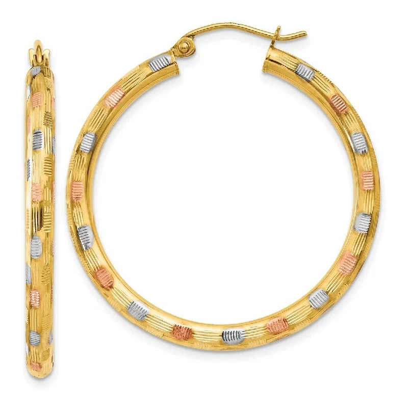 Hoop earrings with intricate designs for a unique and artistic appearance-Curata 14k Tri Color Gold 39x3mm Textured Station Hoop Earrings