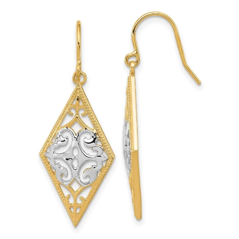 Hoop earrings with abstract wirework for an artistic, unique look-Curata 14k Two Tone Gold Rhodium Diamond Shape Filigree Long Drop Dangle Hook Earrings 14x39mm