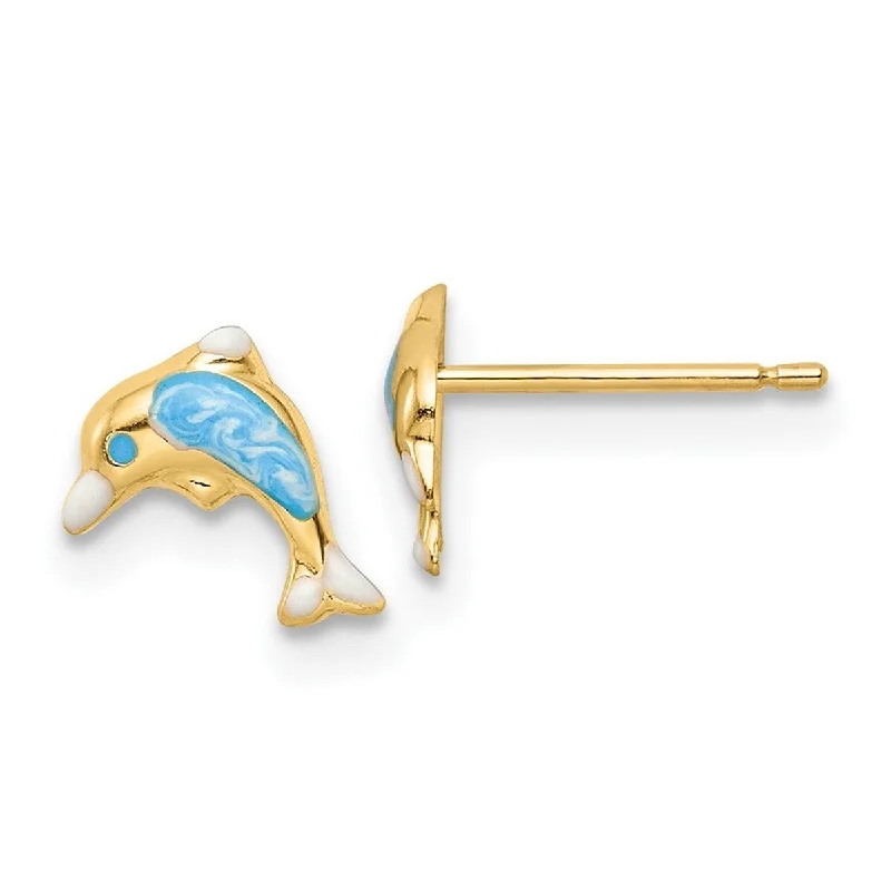 Best hoop earrings with asymmetrical designs for a fashion-forward, avant-garde look-Curata 14k Yellow Gold Polished Enameled Dolphin Post Earrings 8.65x6.18mm