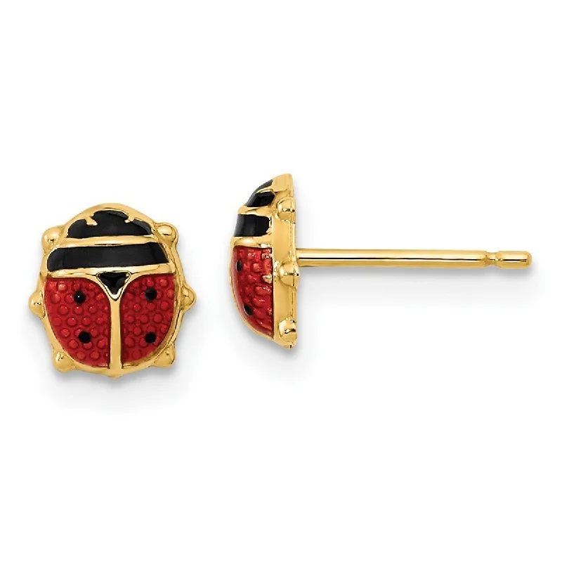 Best hoop earrings with lever-back closures for secure and easy wear-Curata 14k Yellow Gold Red Black Enamel Ladybug Post Earrings - 7x6.75mm