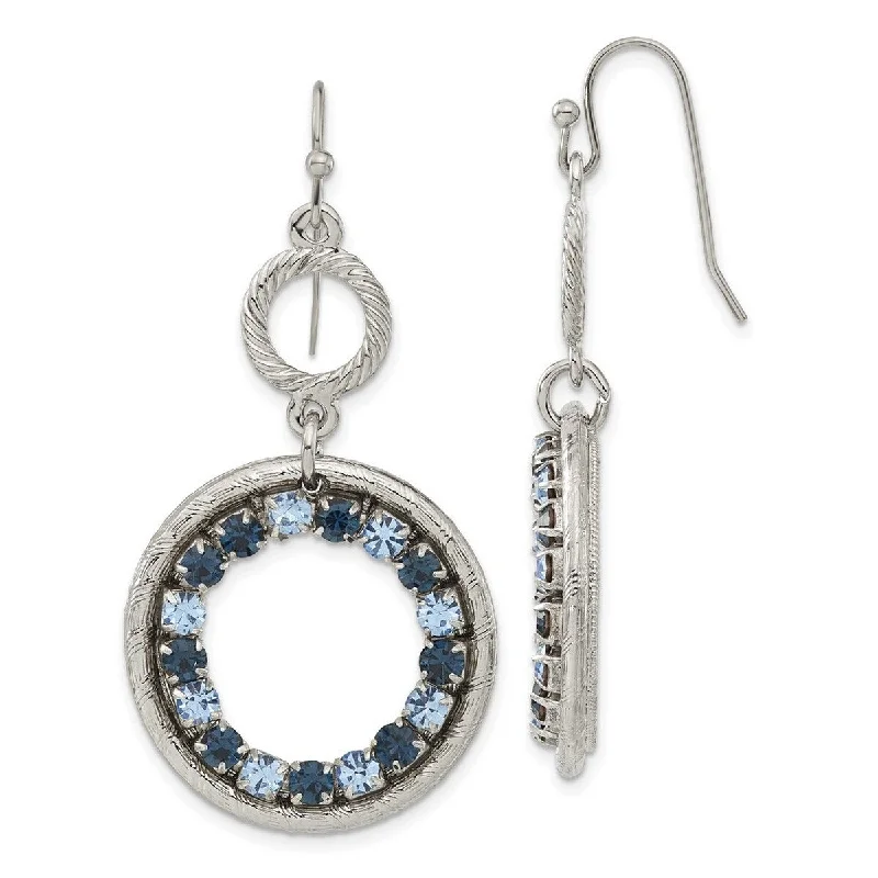 Hoop earrings with dangling charms for a playful and fun look-Curata Silver tone Shepherd hook Lt Dk Blue Crystal Circle Long Drop Dangle Earrings Jewelry Gifts for Women