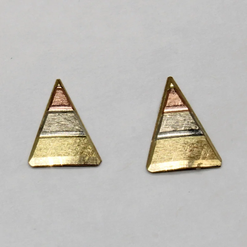 Hoop earrings with cut-out designs for a creative and lightweight effect-Tri Tone Gold Triangle Studs |