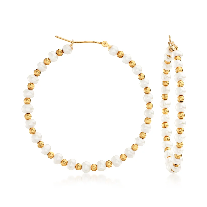 Best hoop earrings with matching bracelets for a coordinated jewelry set-Ross-Simons 3-4mm Cultured Pearl Hoop Earrings in 14kt Yellow Gold