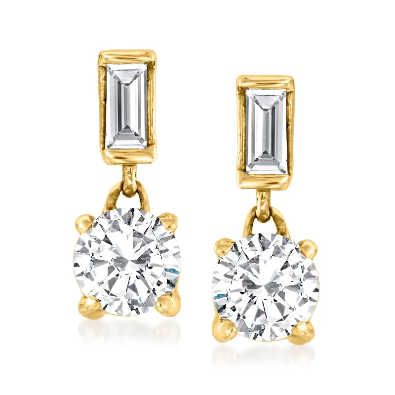 Hoop earrings with diamond-cut surfaces for added sparkle and shine-Ross-Simons Round and Baguette Diamond Earrings in 14kt Yellow Gold