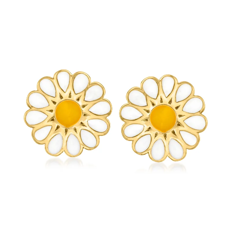 Hoop earrings with stacked layers for a bold and textured design-Ross-Simons White and Yellow Enamel Daisy Earrings in 14kt Yellow Gold