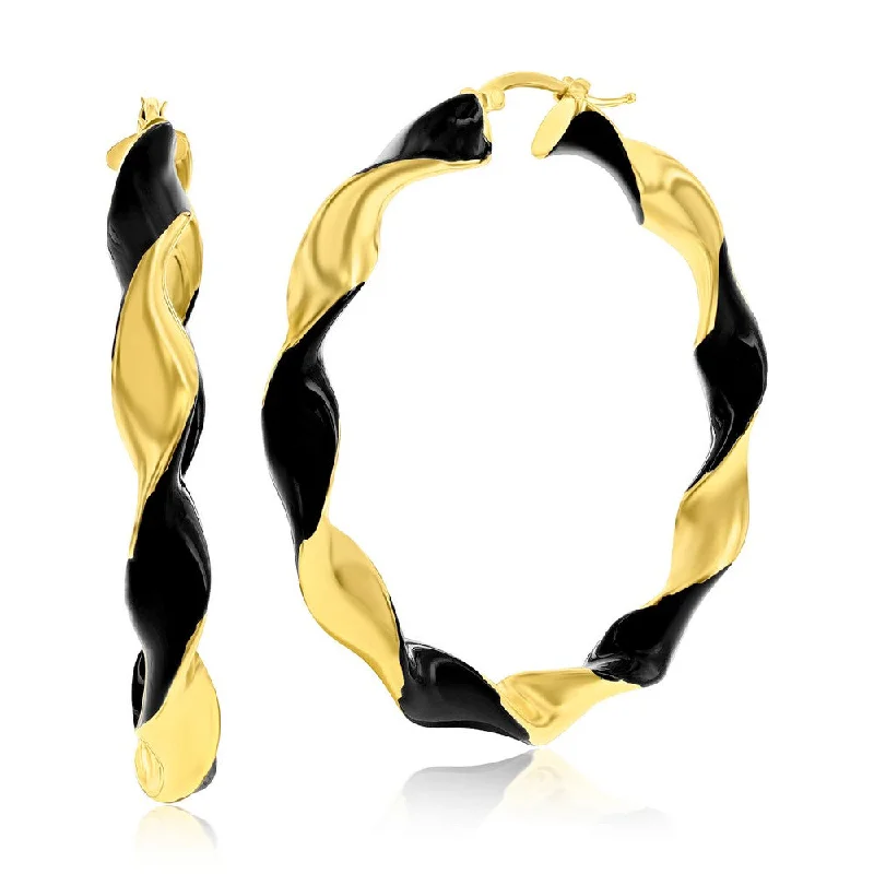 Best hoop earrings with lever-back closures for secure and easy wear-Sterling Silver, Black Enamel 50mm Twisted Hoop Earrings - Gold Plated