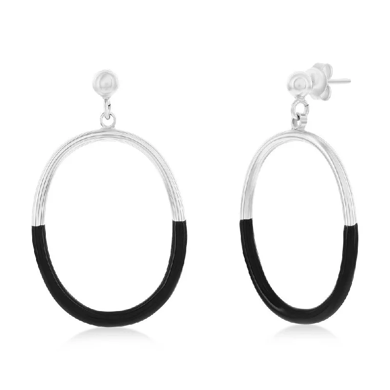 Hoop earrings with resin accents for a bold and colorful design-Sterling Silver, Black Enamel Oval Earrings