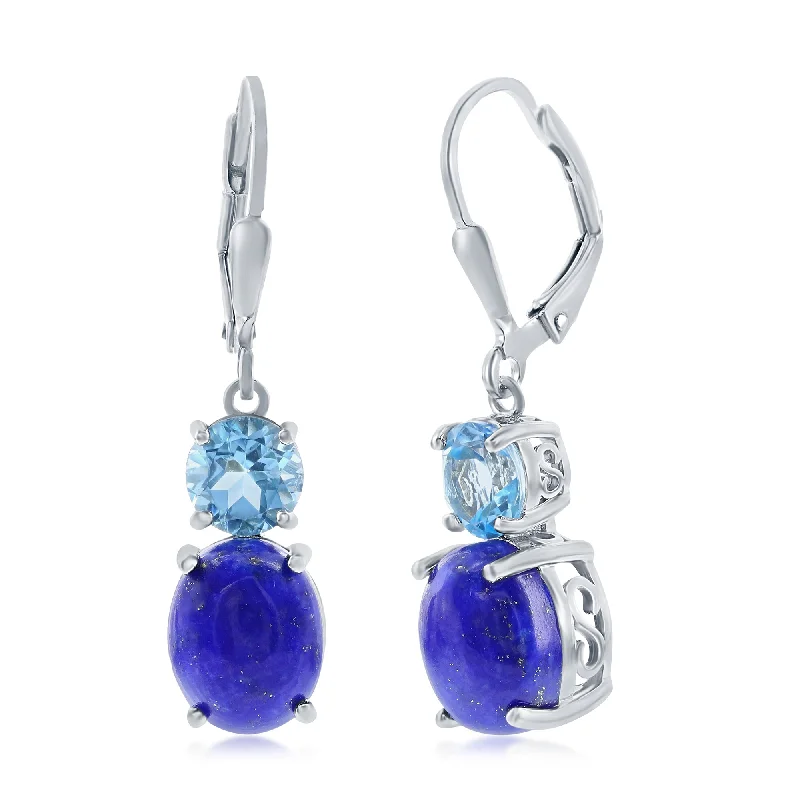 Best hoop earrings with vintage-style detailing for a nostalgic and timeless look-Sterling Silver Oval Lapis & Round Gem Earrings - Blue Topaz