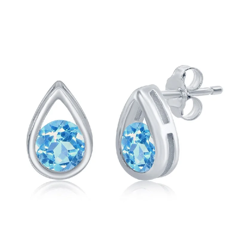 Best hoop earrings with geometric shapes for a modern and artistic appeal-Sterling Silver Pearshaped Earrings W/Round 'December Birthstone' Gemstone Studs - Swiss Blue Topaz