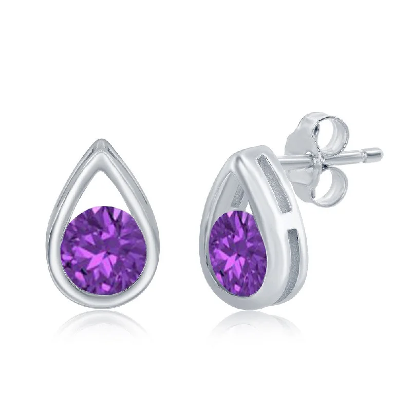 Best hoop earrings with geometric hexagon shapes for a modern, angular look-Sterling Silver Pearshaped Earrings W/Round 'February Birthstone' Gemstone Studs - Amethyst