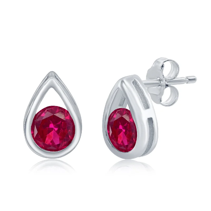 Best hoop earrings with hammered gold for a rustic yet elegant look-Sterling Silver Pearshaped Earrings W/Round 'July Birthstone' Studs - Ruby