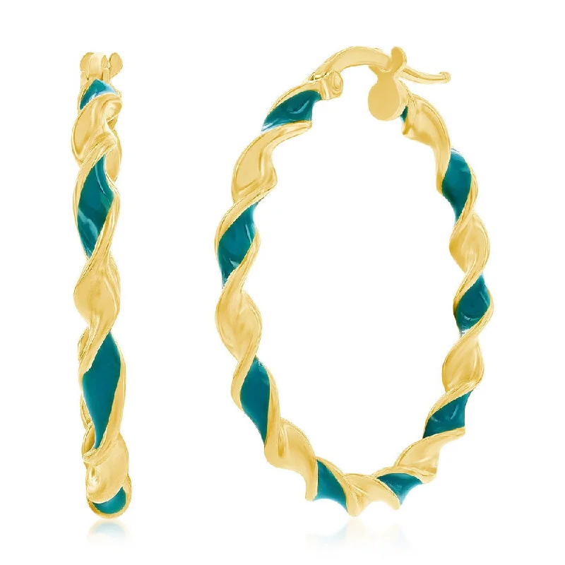 Best hoop earrings with multi-colored gemstones for a vibrant and lively touch-Sterling Silver, Petrolio Enamel 30mm Twisted Hoop Earrings - Gold Plated