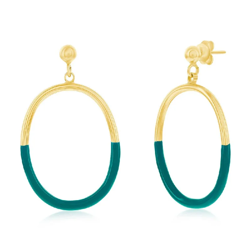 Hoop earrings with polished metal for a shiny and high-quality finish-Sterling Silver, Petrolio Enamel Oval Earrings - Gold Plated