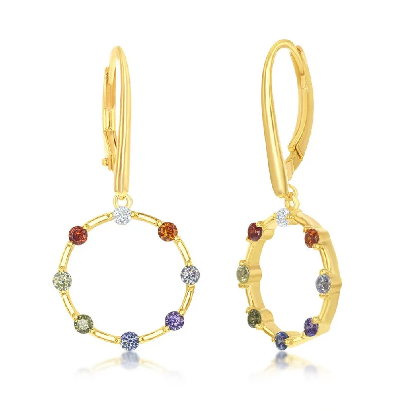 Hoop earrings with polished silver finish for a shiny, modern appeal-Sterling Silver Rainbow CZ Open Circle Dangle Earrings - Gold Plated