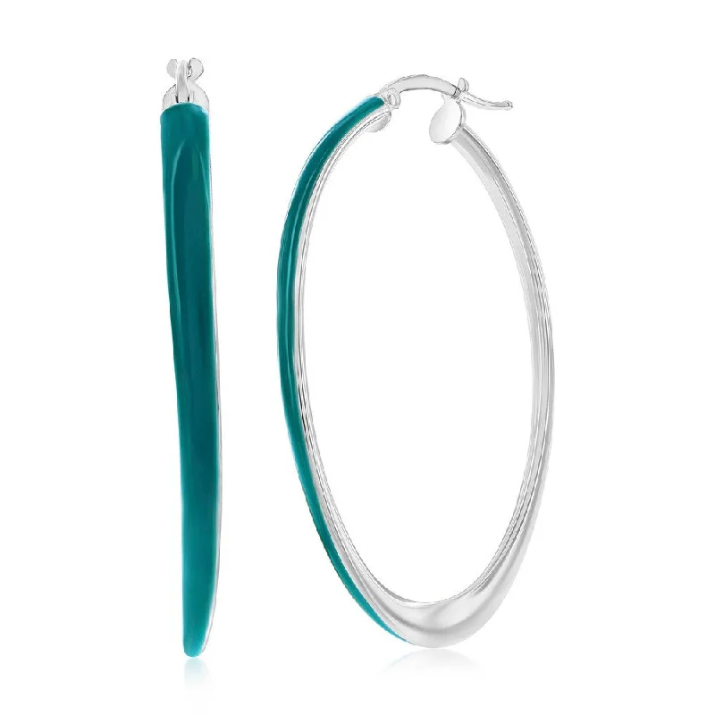 Best hoop earrings with geometric triangle shapes for a modern, chic design-Sterling Siver, Petrolio Enamel Oval Hoop Earrings