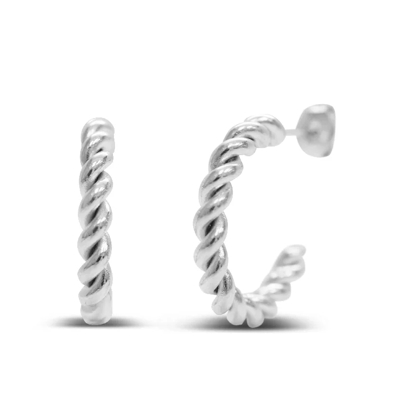 Hoop earrings with twisted metal designs for a dynamic and modern style-Waterproof Totally Twisted Silver Hoops