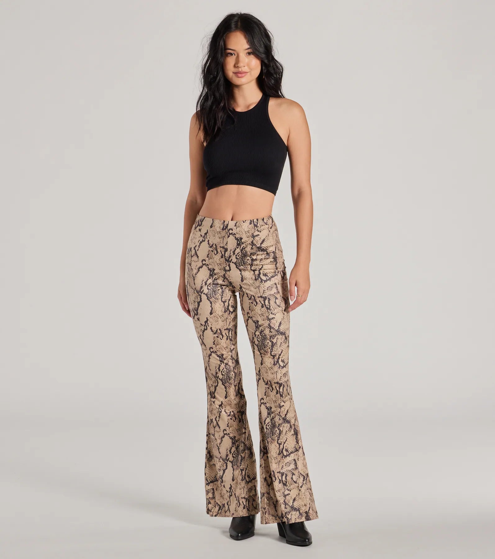 Affordable denim pants for everyday rugged use -Slither In Style High Rise Snake Print Flare Pants