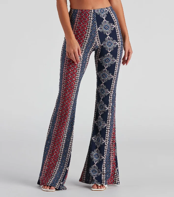 Cozy fleece pants for cold winter nights -Boho Flare High Rise Pants