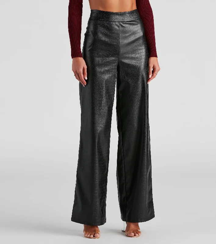 Tailored ankle pants for chic office outfits -Chic Mate PU Croc Wide Leg Pants