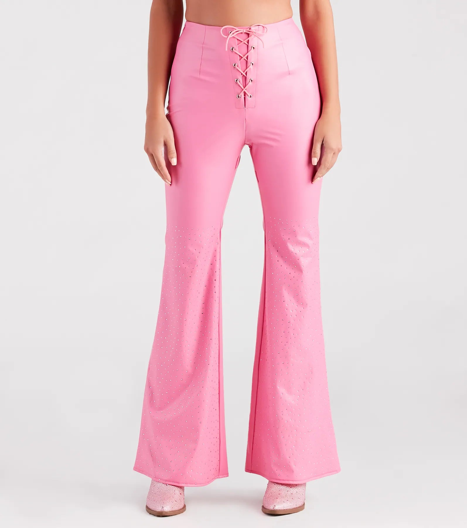 Relaxed fit pants for laid-back comfort wear -Fashion Doll Rhinestone Faux Leather Flare Pants