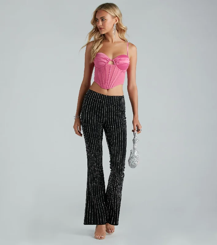 Casual twill pants for easygoing daily outfits -Flare For Glam Mid Rise Rhinestone Pants