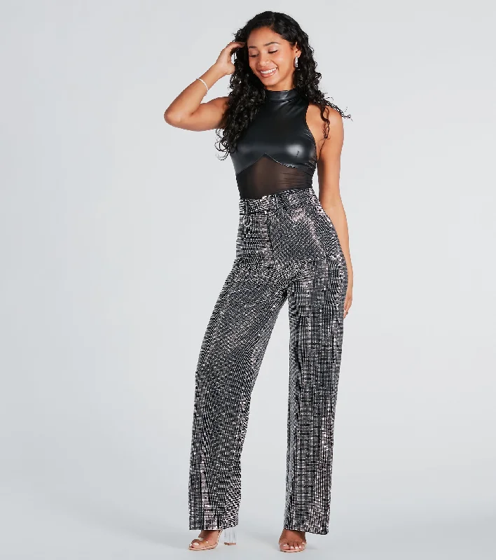 Elegant palazzo pants for formal party outfits -Gorgeous Bling Rhinestone Belted Wide-Leg Pants