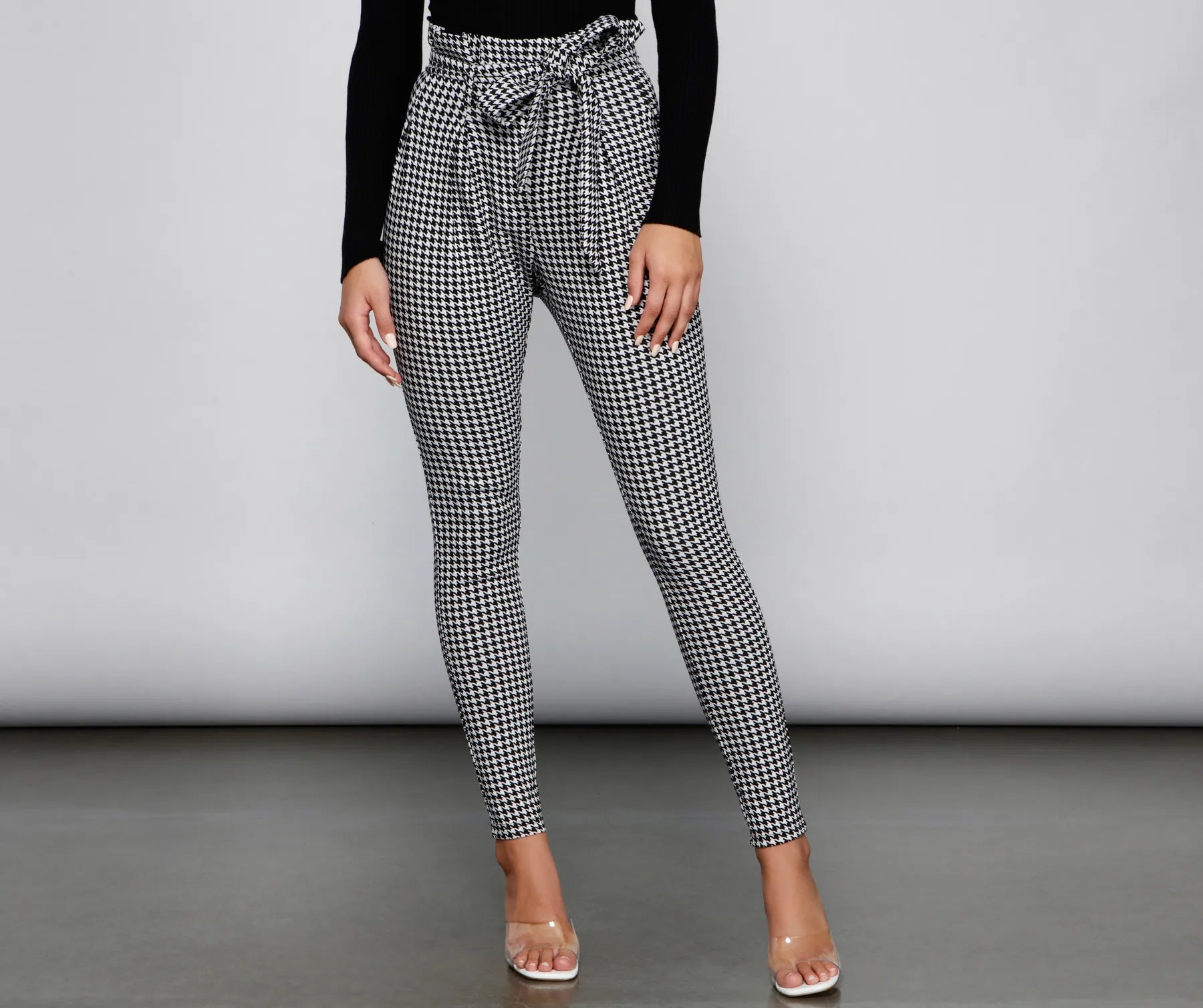 Slim-fit dress pants for sharp evening events -Houndstooth Paper Bag Skinny Pants