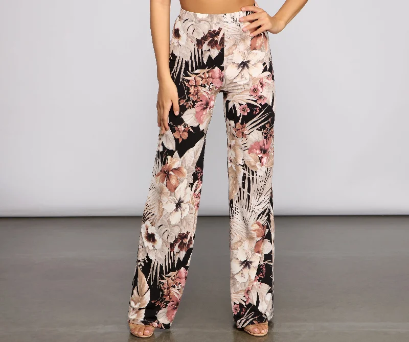 Flowy wide pants for artistic bohemian vibes -Island Vacay Tropical Wide Leg Pants