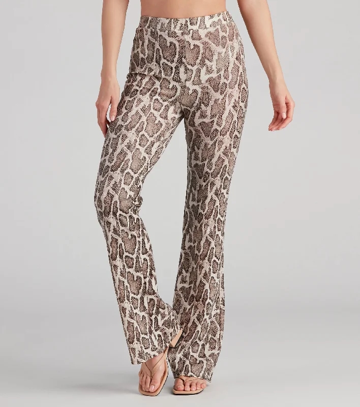 Soft velvet pants for cozy holiday outfits -So Sassy Snake Print Wide-Leg Pants