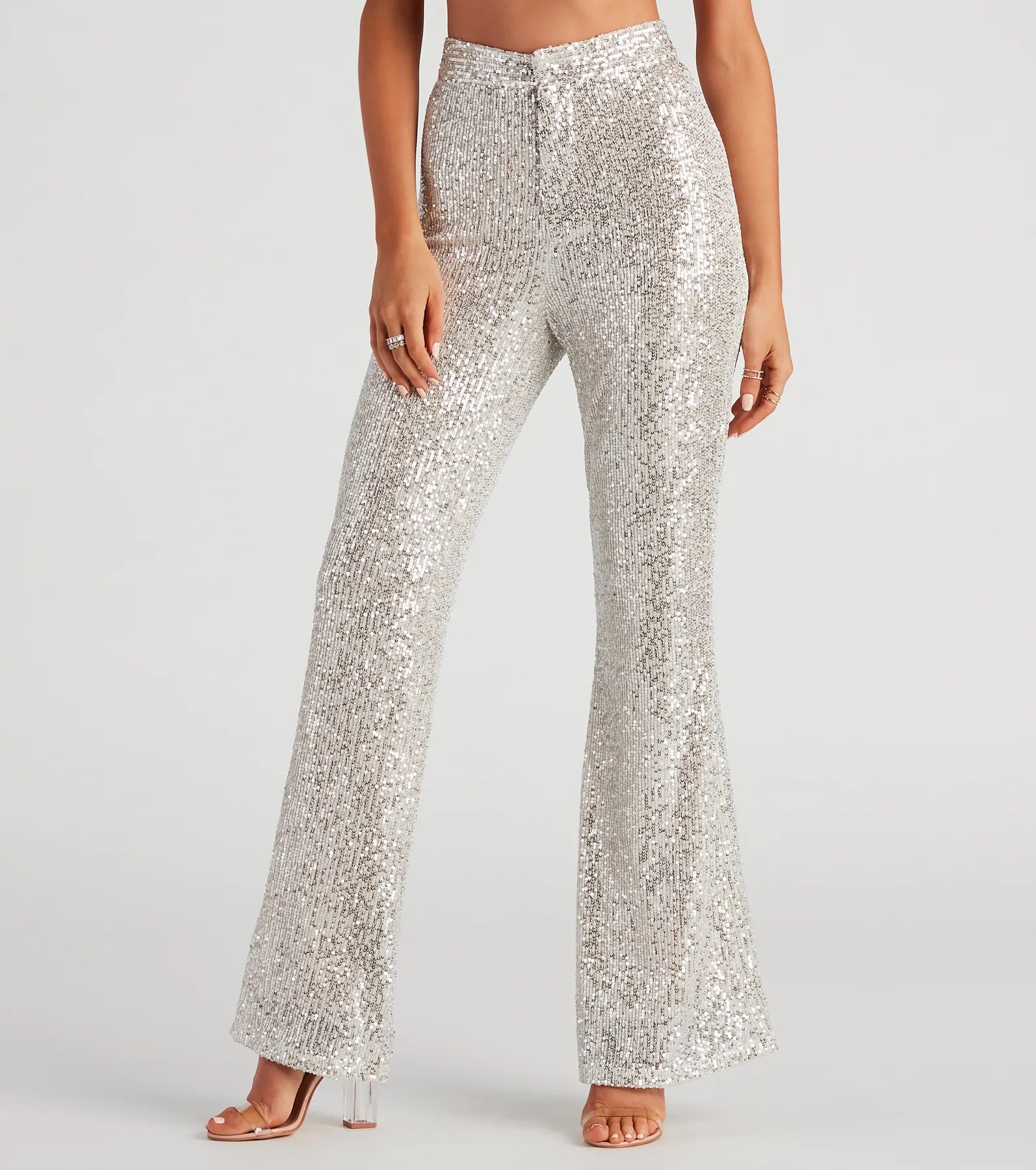 Heavy-duty work pants with tool pocket storage -Sparkle Show Sequin Flare Pants