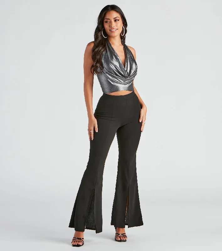 Elegant satin pants for formal dinner attire -Stay Trendy Split Hem Pants