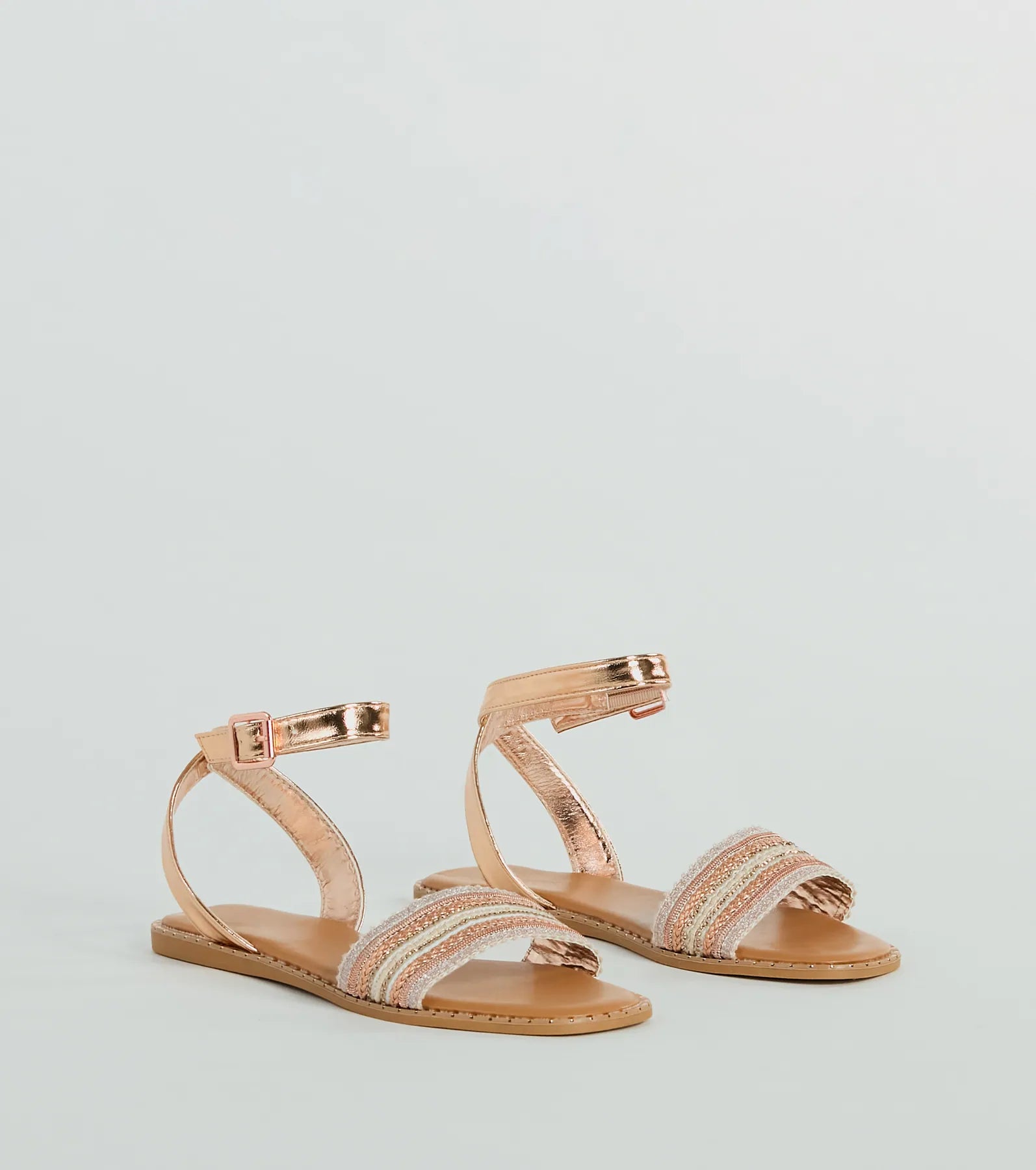 Comfortable sandals for women with contoured footbed and easy-to-adjust straps-Sun-Soaked Adventure Woven Metallic Flat Sandals