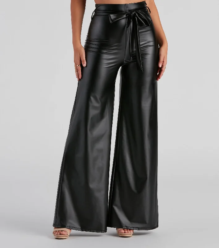 High-waisted skinny pants for trendy women’s fashion -Tied to You PU Wide Leg Pants